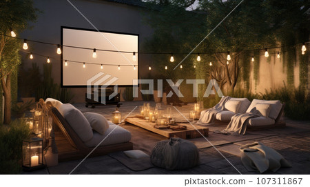 Empty Luxury back patio with big tv screen in the evening 107311867