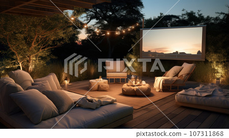 Empty Luxury back patio with big tv screen in the evening Empty Luxury back patio with big tv screen in the evening 107311868