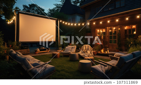 Empty Luxury back patio with big tv screen in the evening 107311869