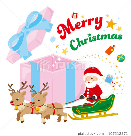 Santa Claus coming out of a present box with text 107312271