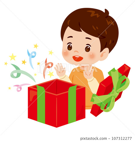 A child is happy after opening a gift box A child is happy after opening a gift box 107312277