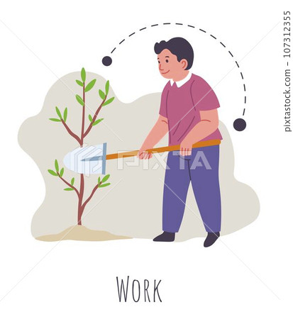 Kid with down syndrome working in garden, vector Kid with down syndrome working in garden, vector 107312355