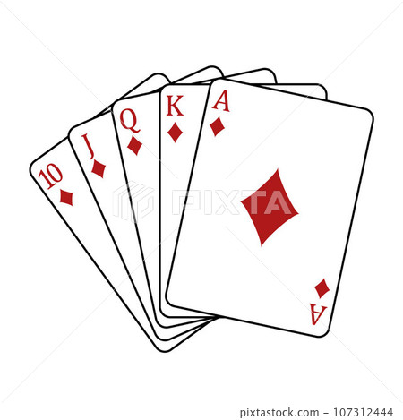 Playing cards - a poker hand consisting of a royal flush diamonds 10 J Q K A, vector illustration isolated on white Playing cards - a poker hand consisting of a royal flush diamonds 10 J Q K A, vector illustration isolated on white 107312444