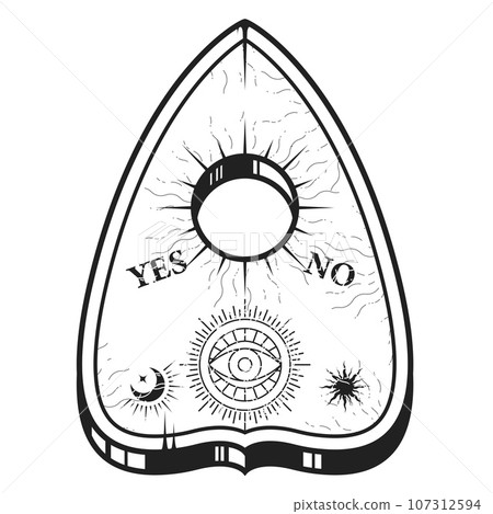 Ouija pointer for spirit talking board, spiritualism session board with occult symbols, vector Ouija pointer for spirit talking board, spiritualism session board with occult symbols, vector 107312594