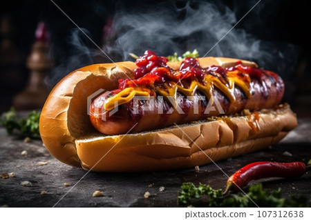 Hot dog as street food. Soft bun and sausage with mustard and toping. Created with Generative AI technology. 107312638