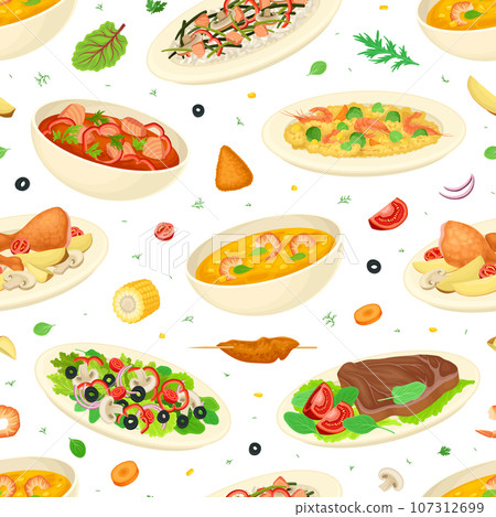 Brazilian Food and Dish Seamless Pattern Design with Served Meal Vector Template Brazilian Food and Dish Seamless Pattern Design with Served Meal Vector Template 107312699