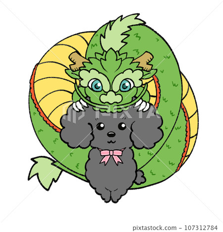 New Year's card material with green dragon and black to gray toy poodle New Year's card material with green dragon and black to gray toy poodle 107312784