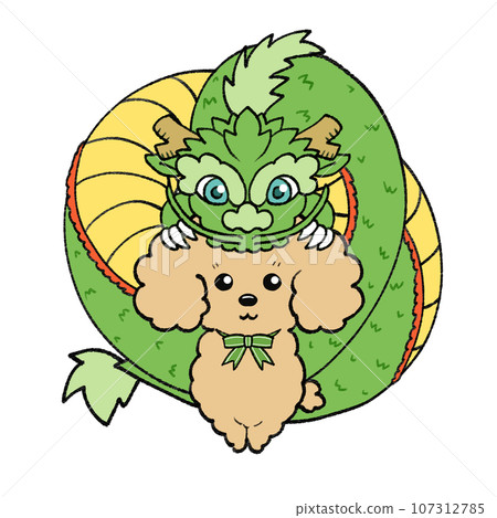 New Year's card material with green dragon and brown toy poodle 107312785