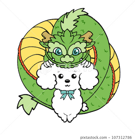 New year's card material with green dragon and white toy poodle New year's card material with green dragon and white toy poodle 107312786