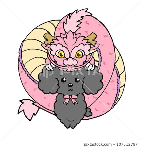 New Year's card material with pink dragon and black to gray toy poodle New Year's card material with pink dragon and black to gray toy poodle 107312787