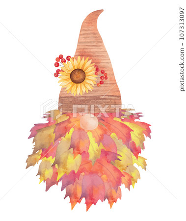 Autumn gnome.Beard made of maple leaves.On the hat there is a sunflower with a rowan.Watercolor botanical illustration for the holidays. Thanksgiving, Halloween. Isolated handmade art 107313097