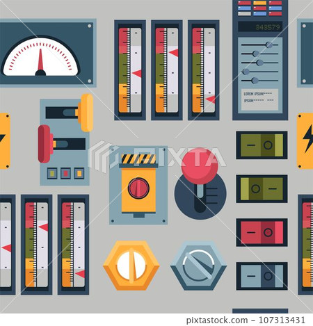 Panel with buttons and levels, pointers and lever Panel with buttons and levels, pointers and lever 107313431