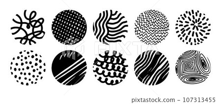 Textures or patterns in circle, monochrome sketch 107313455