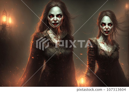 two horror vampire character in halloween night illustration two horror vampire character in halloween night illustration 107313604