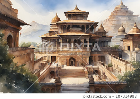 paint like illustration of Asian ancient town lakeside landscape , paint like illustration of Asian ancient town lakeside landscape , 107314998