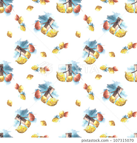 Nautical seamless pattern with elements of fastening for boats, bollards, red and yellow buoys and ropes, sea waves and splashes on white background. Designs for wrapping paper, wallpaper, textiles. 107315070