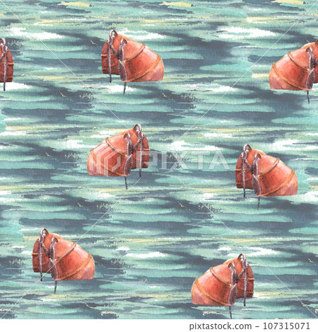 Watercolor maritime pattern with red buoys at sea. Hand painted seamless pattern on white background. Illustration for textile, packaging, wallpaper, scrapbooking paper. Watercolor maritime pattern with red buoys at sea. Hand painted seamless pattern on white background. Illustration for textile, packaging, wallpaper, scrapbooking paper. 107315071