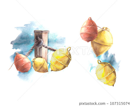Watercolor maritime Set. Sea wave, bollard, ropes, red and yellow buoys. Hand painted isolated illustration on white background. Nautical kit for design stickers, cards, print, website, vacation. 107315074