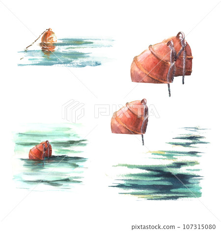 Watercolor maritime set Red buoys at sea, waves and splashes Hand painted illustration isolated on white background Elements for design stickers, cards, print, website, vacation advertisement. 107315080
