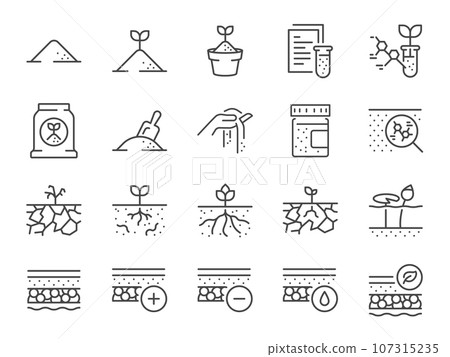 Soil icon set. It included dirt, land, soil, ground, clay, and more icons. Editable Vector Stroke. Soil icon set. It included dirt, land, soil, ground, clay, and more icons. Editable Vector Stroke. 107315235