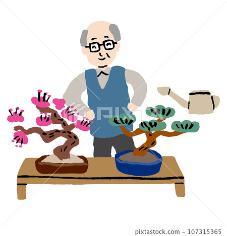 Grandpa looking at the bonsai he grew 107315365