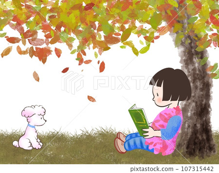 Illustration of a girl reading a book under autumn leaves Illustration of a girl reading a book under autumn leaves 107315442