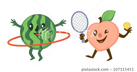 Sportive fruits character, watermelon and peach 107315451