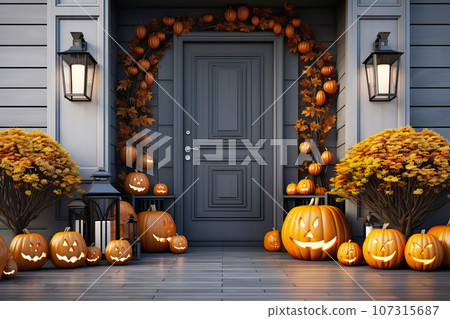 House entrance with halloween pumpkin decoration. Minimal modern autumn staircase decor House entrance with halloween pumpkin decoration. Minimal modern autumn staircase decor 107315687