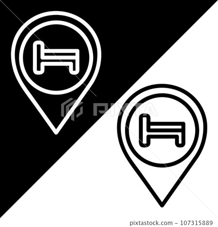 Hotel map pointer. Vector. Black and white icon with outline. 107315889