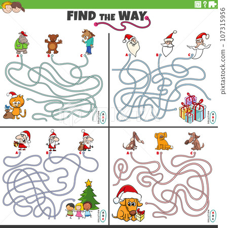 find the way maze games set with Christmas characters 107315956