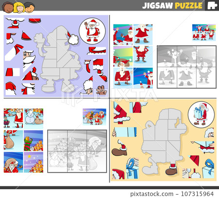 jigsaw puzzle games set with cartoon Santa Clauses characters 107315964