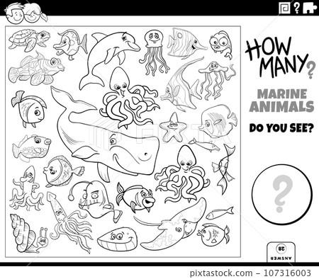 counting cartoon marine animals educational activity coloring page 107316003