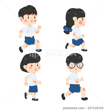 Kids running to school cartoon 107316334