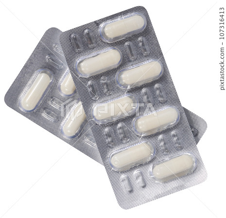 Oval white tablets in blister pack on a white isolated background, top view Oval white tablets in blister pack on a white isolated background, top view 107316413