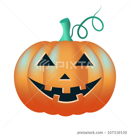 Jack o'lantern. A vector gradient pumpkin with a smiling face, and with a green curl on the white background 107316530