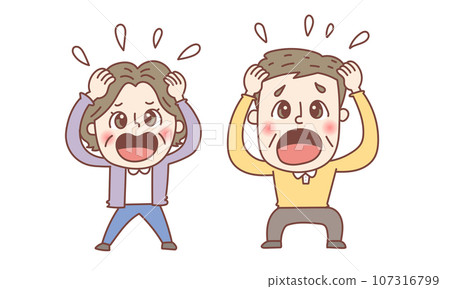 Senior couple holding their heads in shock Senior couple holding their heads in shock 107316799