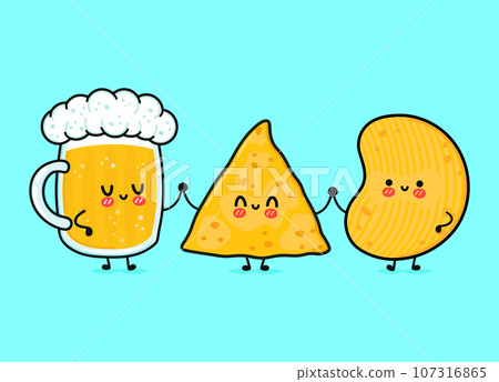 Cute, funny happy glass of beer, nachos and chips. Vector hand drawn cartoon kawaii characters, illustration icon. Funny happy cartoon glass of beer nachos chips mascot friends emoji,child,baby,face 107316865
