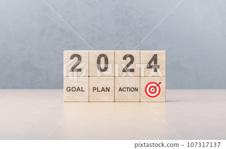 2024 new year. 2024 year number and Target, goal, plan, action on wooden cubes. Beginning 2024 New Year's business planning 107317137