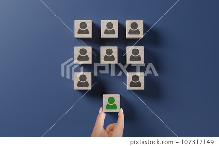 Human resources management and recruitment business hiring concept, corporate hierarchy, recruiter complete team by one leader person. hand selects cube with desired person highlighted in green. 107317149