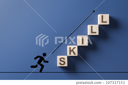 Increasing skills for personal growth, business and career. Upskilling and personal development concept. Upskilling, reskilling, new skills icon on wooden cube. blue background Increasing skills for personal growth, business and career. Upskilling and personal development concept. Upskilling, reskilling, new skills icon on wooden cube. blue background 107317151
