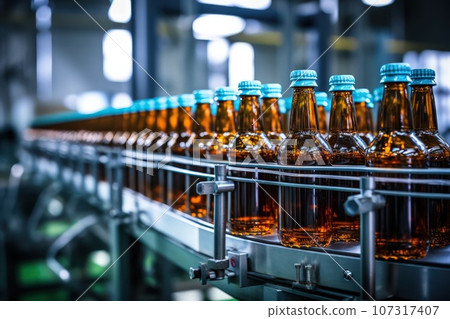 Brown glass bottles of beer on conveyor belt with light, concept brewery plant production line. Brown glass bottles of beer on conveyor belt with light, concept brewery plant production line. 107317407