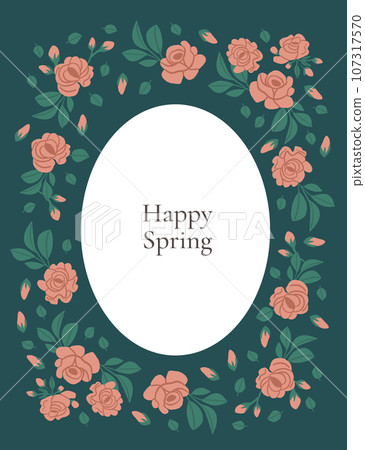 Beautiful frame with roses and placeholder text with green background. Pink roses frame for invitation, greeting card. Spring floral frame. Vector illustration 107317570