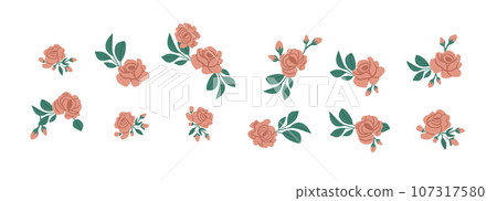Vector set of pink roses petals isolated on white. Roses clipart. Vector illustration 107317580
