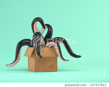 Black tentacles in a cardboard box on blue background. Black tentacles in a cardboard box on blue background. 107317621
