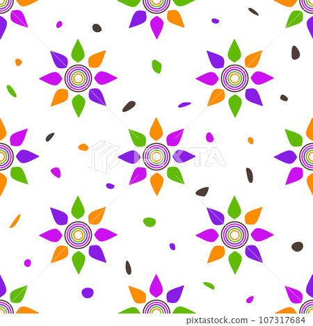 Decorative sun shapes, multicolour seamless pattern swatch. Festive colourful centric rings symbol, petals, spots. Halloween colour palette. White background 107317684