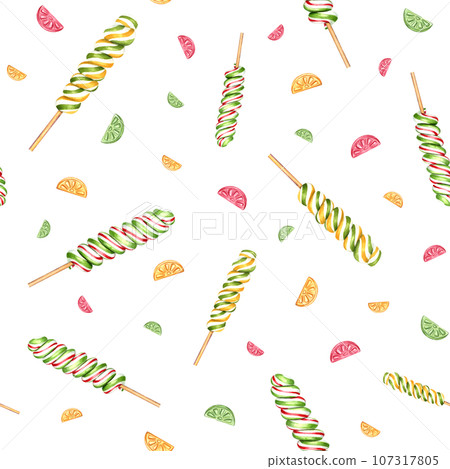 Seamless pattern of spiral lollipops, fruit candies. Bonbons, striped swirls, sugar caramel on stick. Watercolor illustration. Delicious ornament for textiles, stationery, scrapbook 107317805