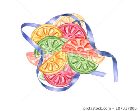 Multicolored caramel in the form of fruit slices. Bonbons decorated with shiny blue ribbon. Candy, lollipops, sugar. Watercolor illustration. For candy shop, store, postcard 107317806