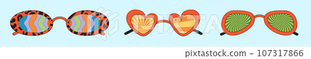 Groovy sunglasses. Collection of hippie sunglasses in trendy groovy style. 107317866