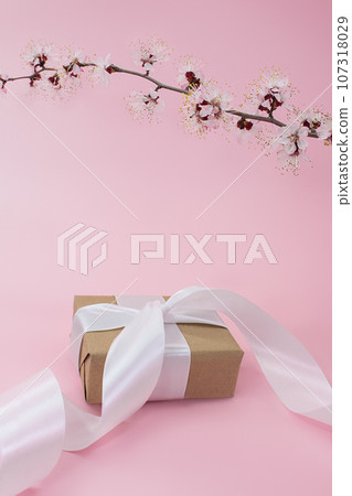 Branch of cherry, apricot, sakura with gift box with ribbon on pink background. Holidays, International women's day, Mother's day, birthday, March 8. Vertical. Copy space Branch of cherry, apricot, sakura with gift box with ribbon on pink background. Holidays, International women's day, Mother's day, birthday, March 8. Vertical. Copy space 107318029