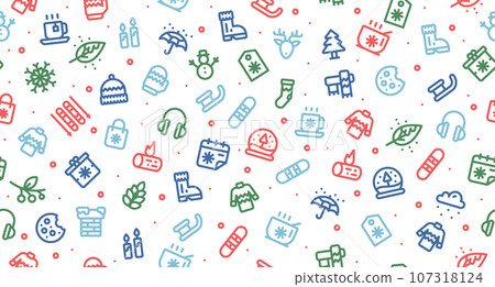 Winter holidays background. Winter set with seamless pattern. Collection winter icons. Snowman, tree, snowflakes, gift box. Vector illustration Winter holidays background. Winter set with seamless pattern. Collection winter icons. Snowman, tree, snowflakes, gift box. Vector illustration 107318124
